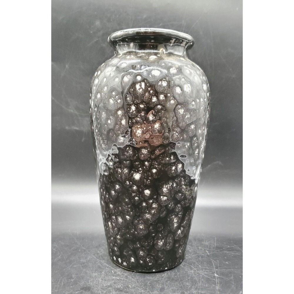 Harris Pottery Chicago USA Pottery Vase Black White Dots Glazed 9.5" Vintage
